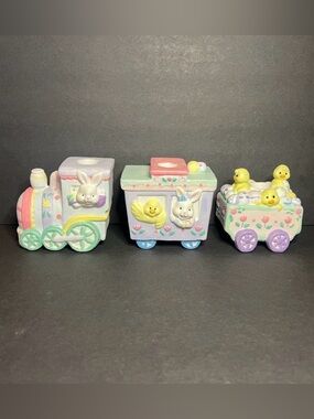 Vintage 3pc Hand Painted Porcelain Easter Bunny & Chick Candle Holder Train Set